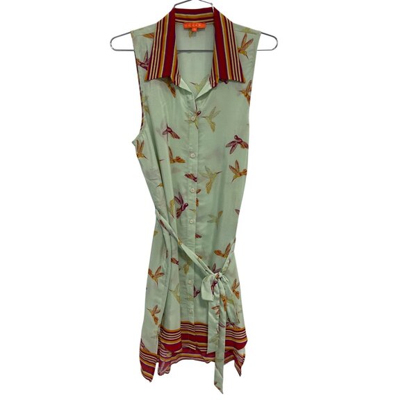 Glam Silk Hummingbird Tie Waist Dress Size Medium Button Front Green Whimsical - Picture 1 of 6